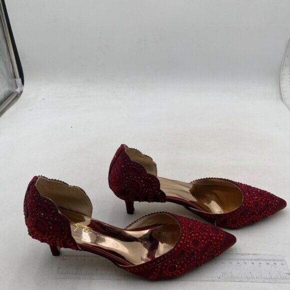 XYD Women's Pumps,  Pointed Toe, D'Orsay Kitten Low Heels, Red Rhinestone Studs - Picture 4 of 8